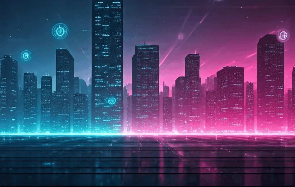 a city skyline with neon lights