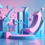 a blue and pink display with a cart and graph