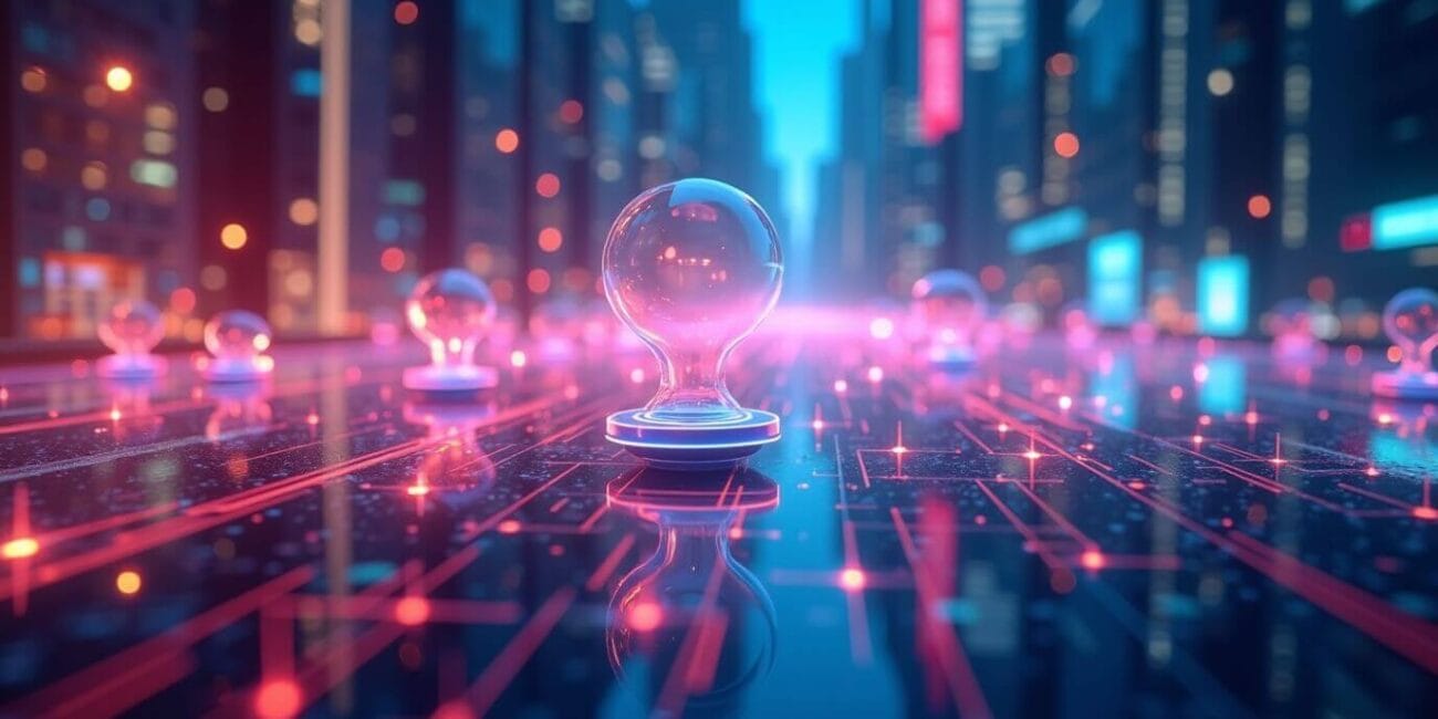 a glass light bulb on a black surface with red lines and buildings in the background