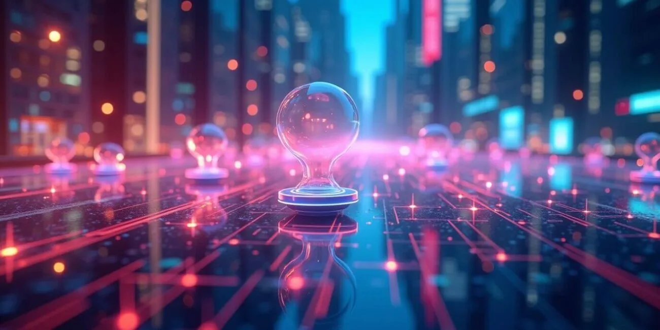 a glass light bulb on a black surface with red lines and buildings in the background