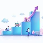a group of people walking up a bar graph