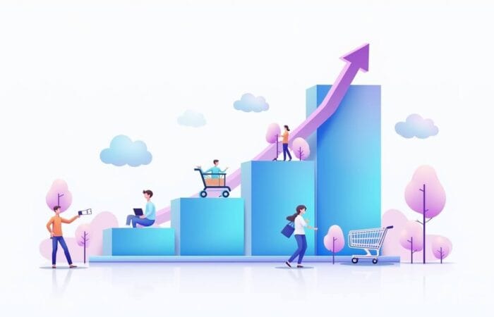 a group of people walking up a bar graph