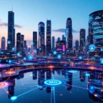 a city with lights and circles