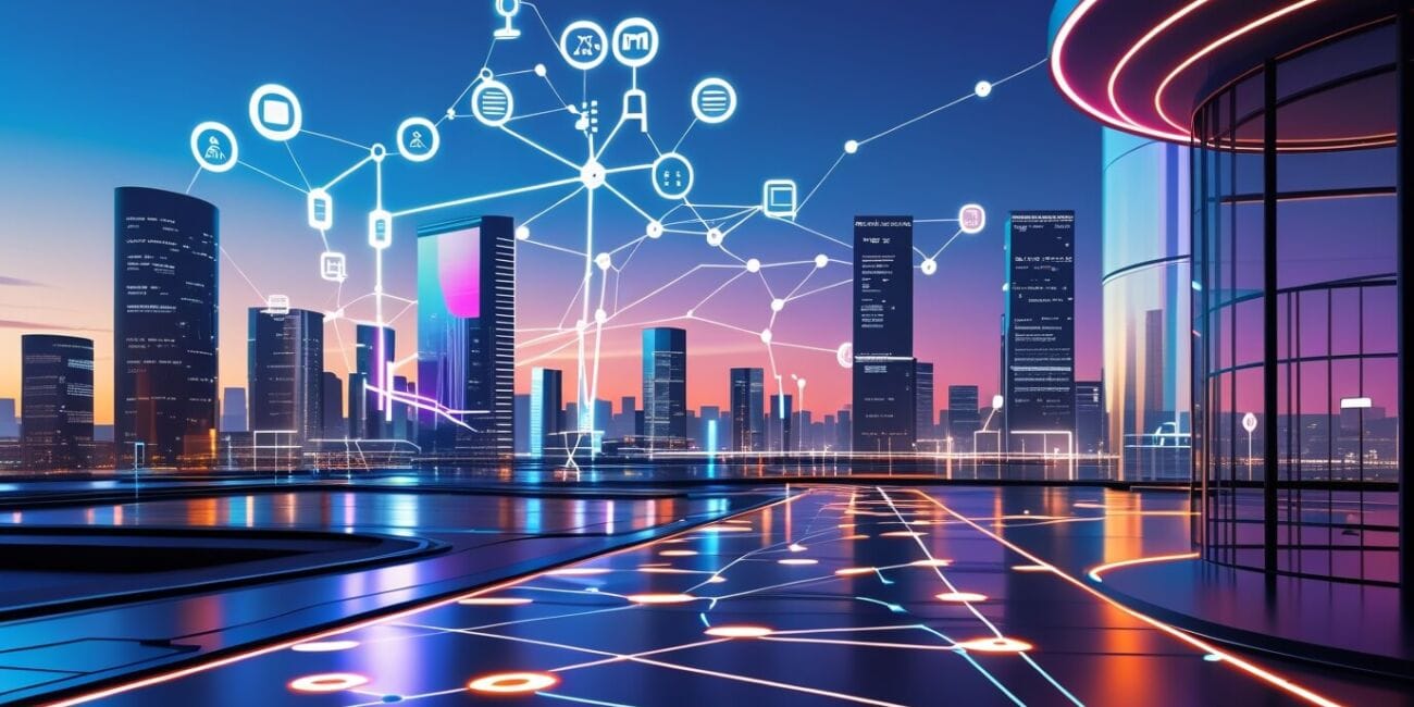 a city skyline with a network of icons