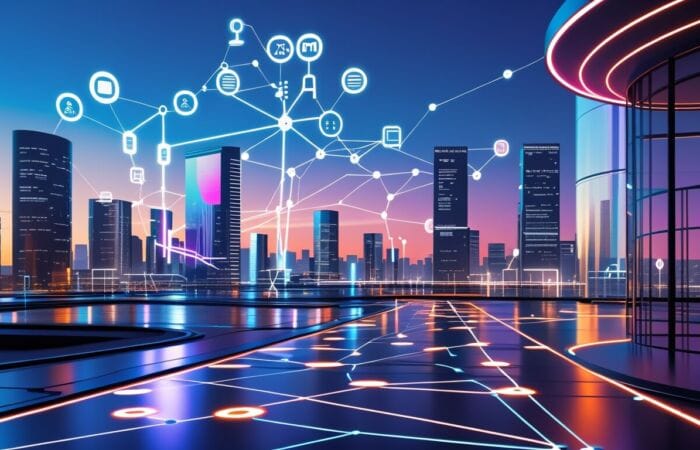 a city skyline with a network of icons