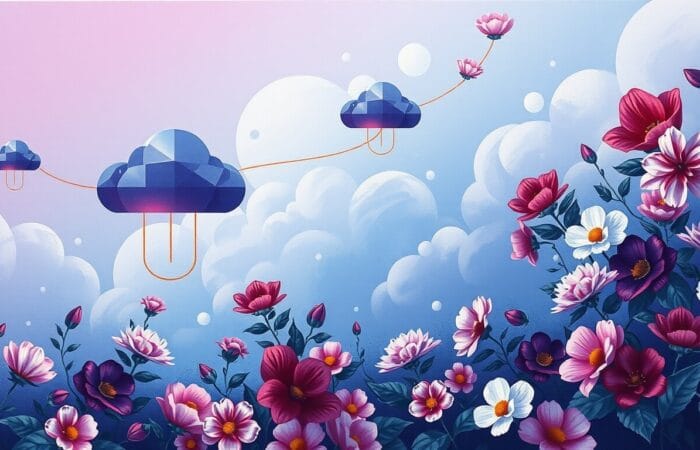 a painting of flowers and clouds